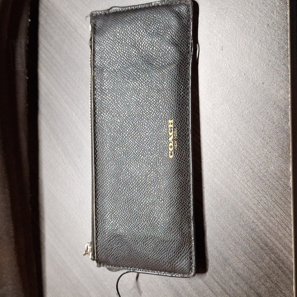 Coach Slim Black Pebbled Leather Zip Wallet Coin Purse